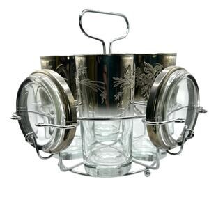 VTG MCM Queens Lusterware Rose High Ball Glasses Coaters Set in Metal Caddy